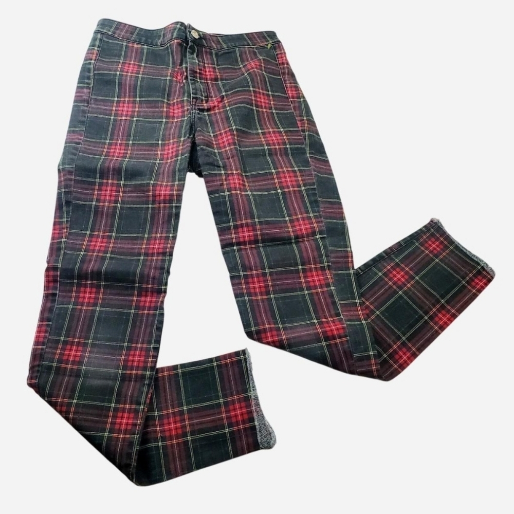 H&M Divided Pants Womens Size 6 Waist 26" Plaid Multicolored Distressed Hem